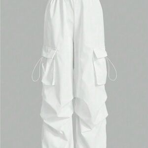 SHEIN x Lina SHEIN ICON Flap Pocket Side Drawstring Waist Cargo White Pants